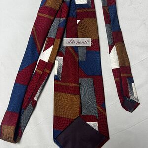 Aldo Ponti Geometric Abstract Art Silk Tie Navy Burgundy Gold‎ Designer XL